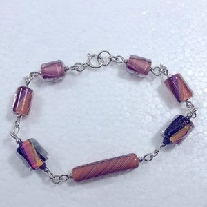ARTISAN LAMPWORK PURPLE PINK ORANGE BRACELET STERLING SILVER